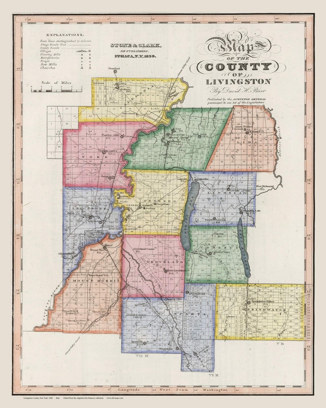 Livingston County 1840 Lot Lines Old Map Burr Atlas Reprint Etsy