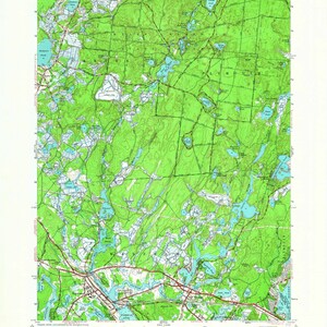 May include: A topographic map of the Wareham Quadrangle in Massachusetts. The map shows the area's terrain, including lakes, rivers, and forests. The map is printed in green, blue, and brown.