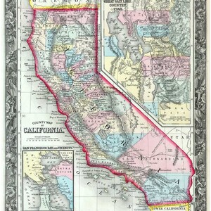 California 1860 Map  Mitchell  Old &quot;County Map&quot;   Reprint State