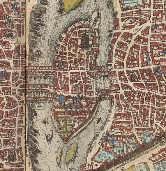 Old Map of Paris 1572 France -- Shows Old City Wall With a
