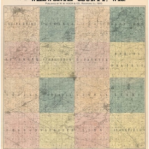 May include: A vintage map of Walworth County, Wisconsin, published in 1900 by W.W. Hixon & Co. The map is divided into townships, with names like Whitewater, Lagrange, Troy, Spring Prairie, and Sharon.