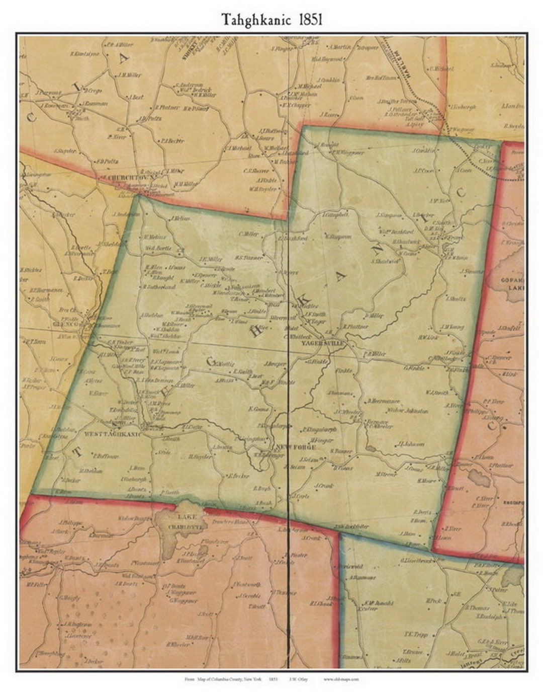 Tahghkanic 1851 Old Town Map With Homeowner Names Taghkanic New York