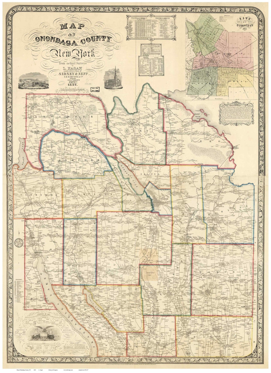 Onondaga County New York 1852 Old Wall Map Reprint With Homeowner Names