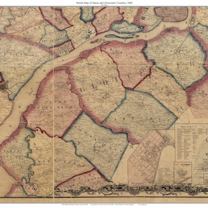 May include: An antique map of Salem and Gloucester Counties, New Jersey, from 1860. The map is hand-drawn and features detailed lines and text. The map is divided into sections, each with a different color. The map is surrounded by a decorative border.