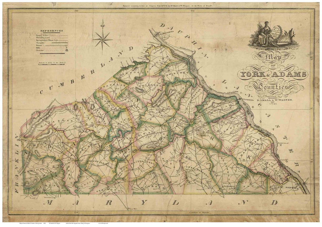 York and Adams Counties PA 1821b Old Map Genealogy Reprint Etsy