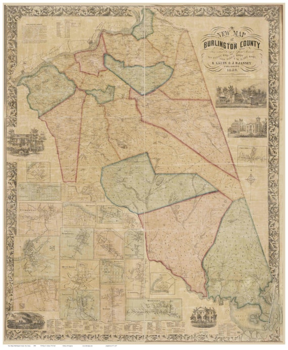 Burlington County New Jersey 1859 Old Wall Map Reprint With Etsy
