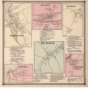 Morristown, Richville, Russell, Hammond, Cooper Falls 1865 - St. Lawrence County, New York - Old Town Map Reprint, Homeowner Names, NY Atlas