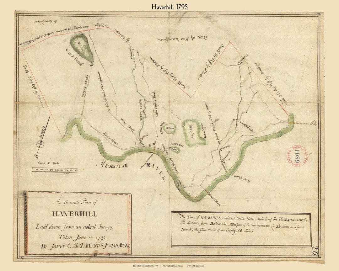 Haverhill 1795 Town Plan Old Roads Reprint Massachusetts Archives MA Etsy