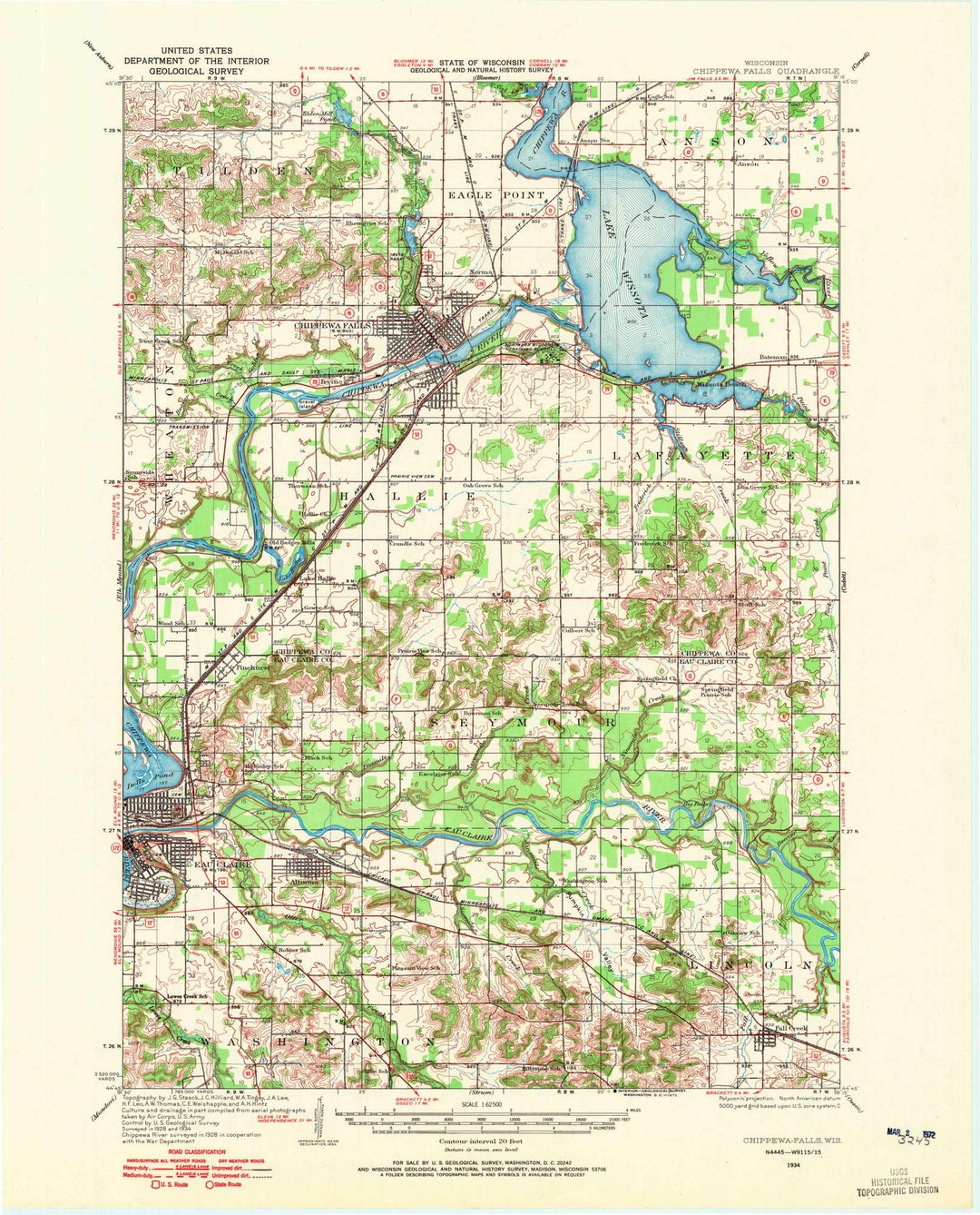 Chippewa Falls 1934 1972 Old Topo Map Lake Wissota Eau - Etsy