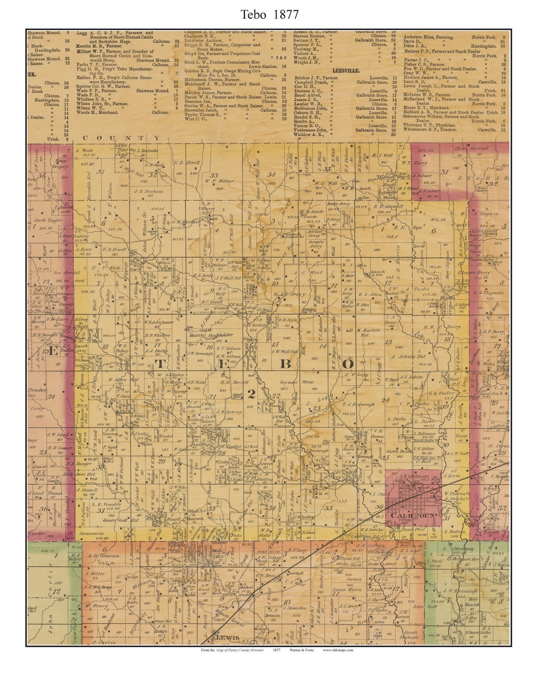Tebo 1877 Old Town Map With Homeowner Names - Calhoun - Missouri ...