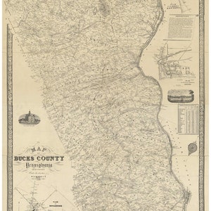 Bucks County  Pennsylvania 1850 - Wall Map  With Homeowner names - Genealogy - BW Reprint
