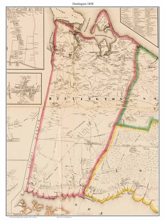 Huntington New York 1858 map Melville Babylon Amityville Cold Etsy