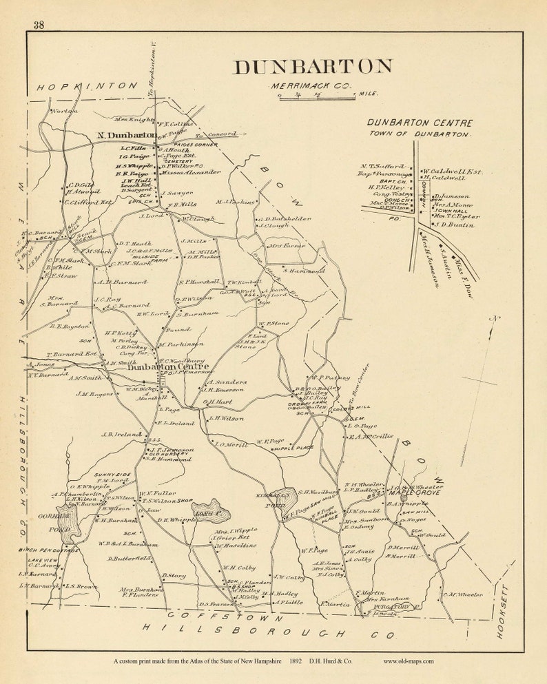 Sutton 1892 Map - Homeowner Names Custom Reprint Merrimack County New ...