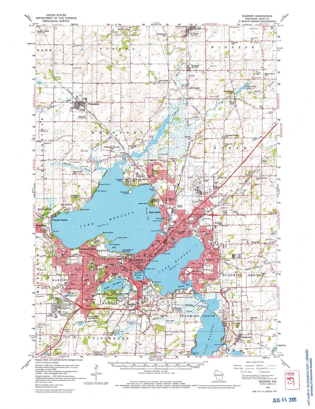 Madison 1959 1980 Old Topo Map Lake Mendota Lake Monona Quad Reprint 15x15 USGS Topographic