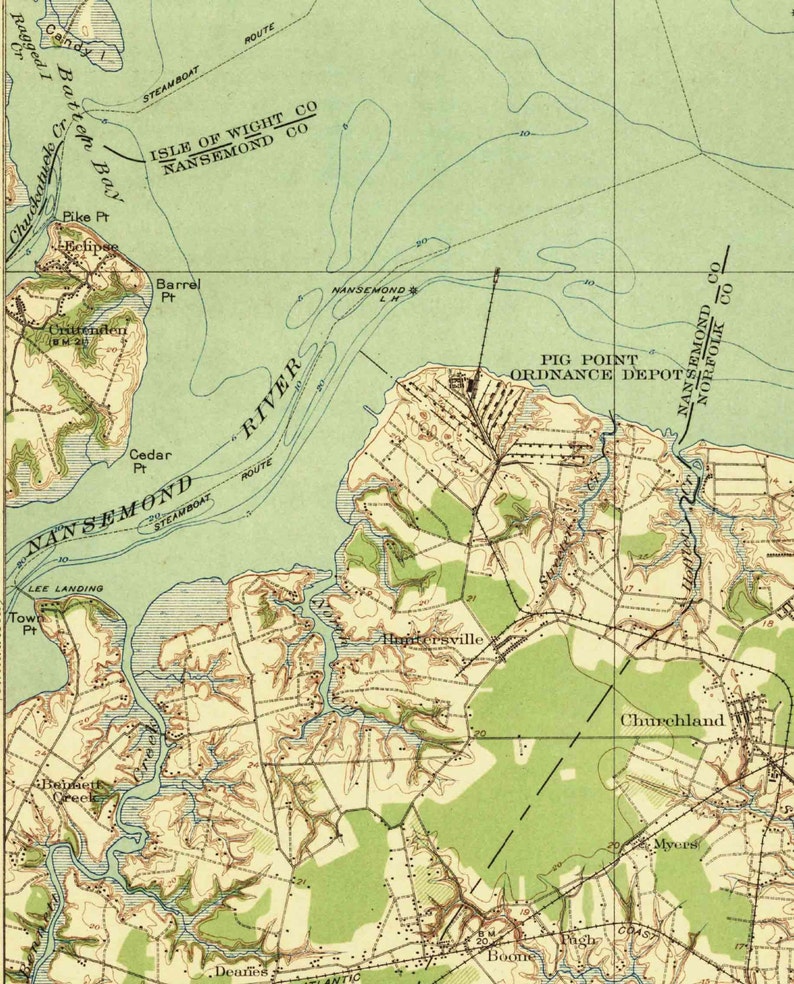 May include: A vintage map of the Nansemond River area in Virginia, showing the location of Pig Point Ordnance Depot, Churchland, and other nearby towns. The map is printed in green, brown, and blue.
