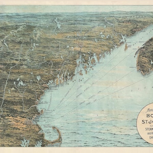 New England Coast - ca 1900 Old Map Reprint - Birds Eye View - Steamship Routes Cape Cod & Boston to Maine and New Brunswick - NE Maps
