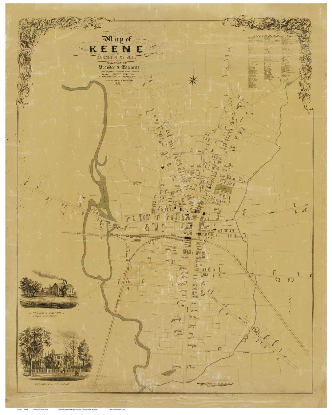 Keene NH 1853 Old Map Reprint New Hampshire Towns Other Etsy