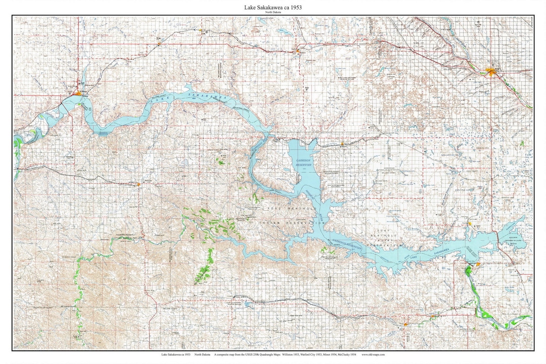 Lake Sakakawea 1953 Old Topographic Map USGS Custom Composite Reprint