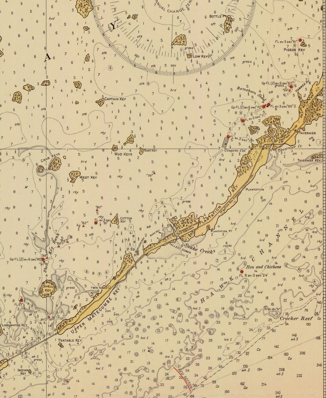 Vaca Key Navigation Chart Florida Keys - Alligator Reef to Sombrero Key 1937 - Nautical Map Vaca ...