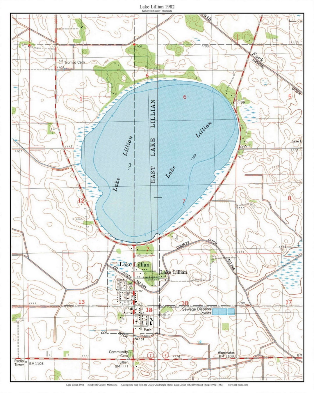 Lake Lillian 1982 Map Reprint Old Topographic USGS Custom Composite