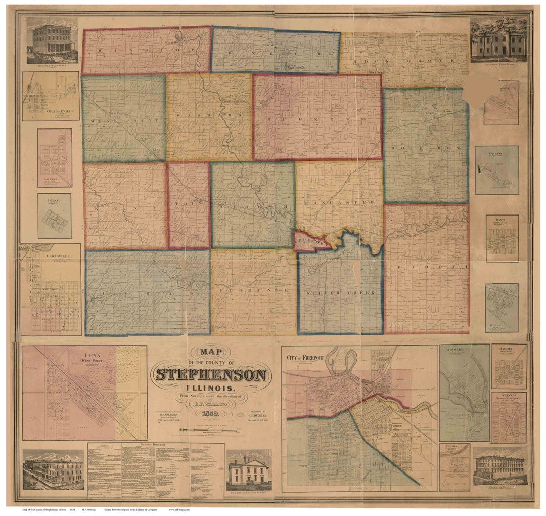 Stephenson County Illinois 1859 Old Wall Map Reprint With Homeowner