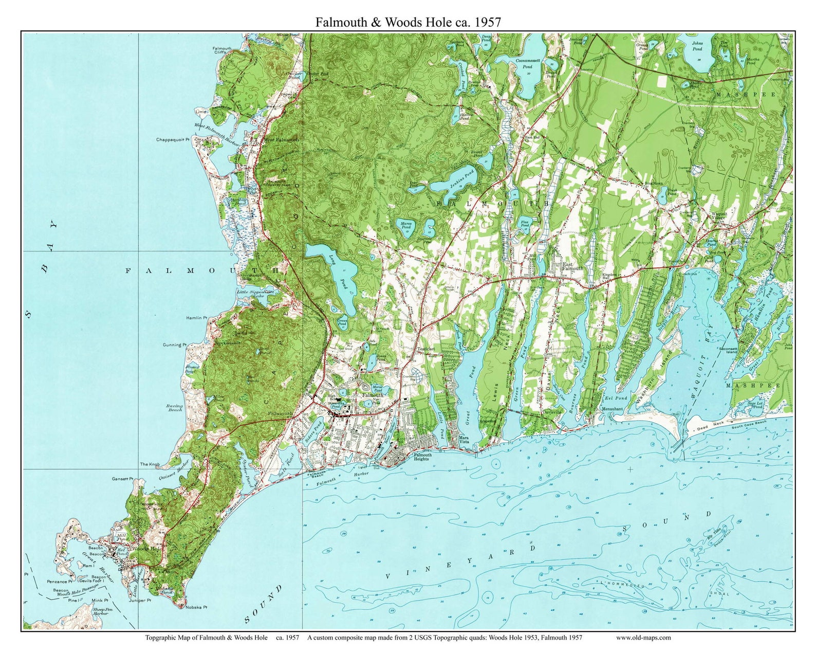 Falmouth Woods Hole 1957 Old Topo Map Custom Composite Etsy
