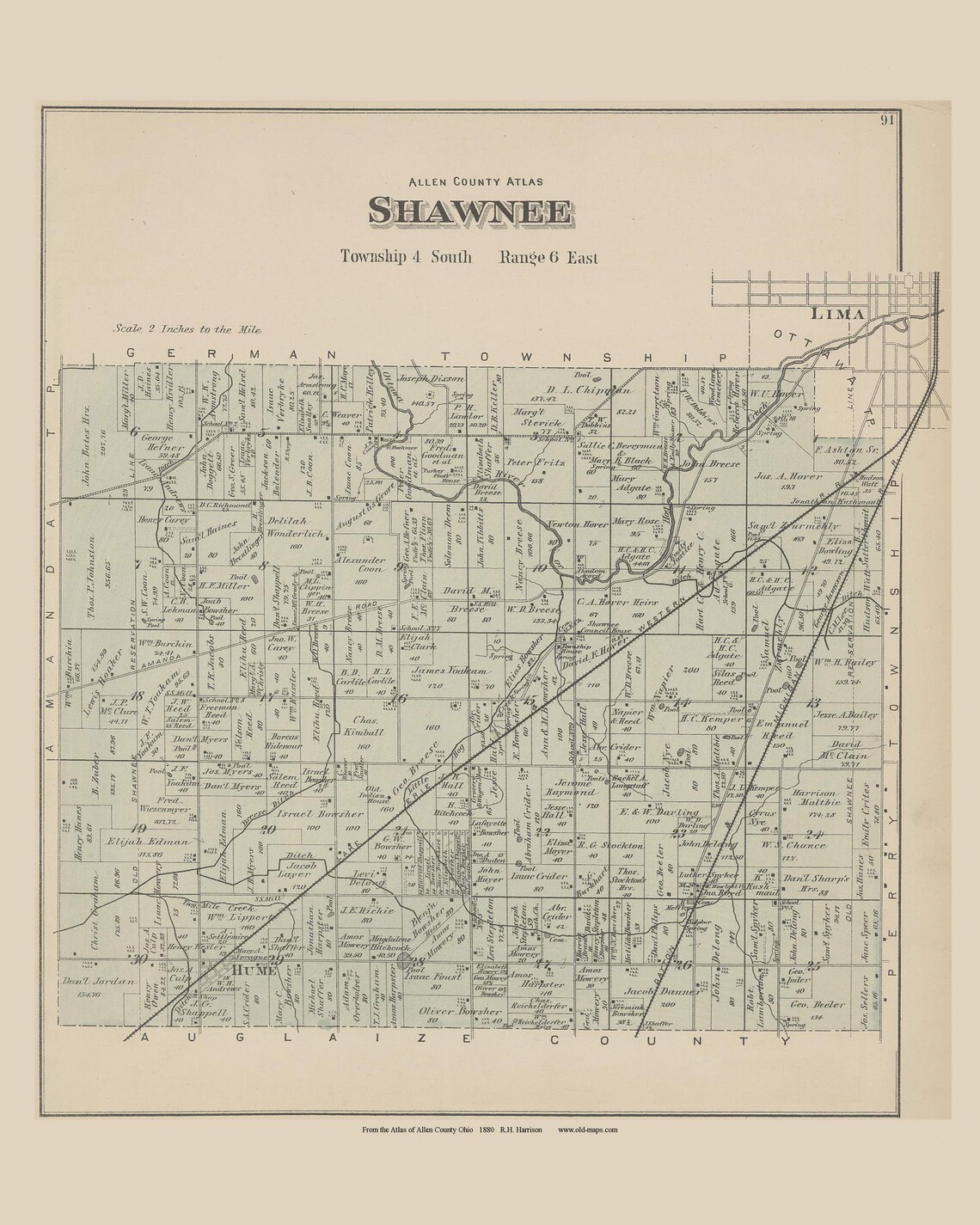 Shawnee 1880 Old Town Map Reprint Allen County Ohio Etsy