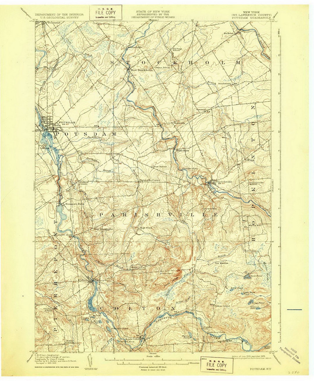 Potsdam 1908 1928 Old Map Stockholm Parishville Colton Raquette River Adirondack Quad Reprint