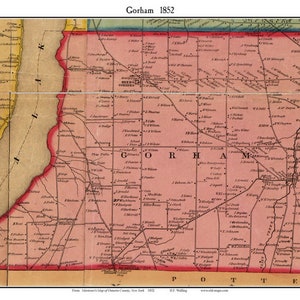 May include: A vintage map of Gorham, New York, from 1852, with the title "Gorham 1852" at the top. The map is in shades of yellow, red, and brown, with detailed place names and roads. The map is from Matthew's Map of Ontario County, New York.