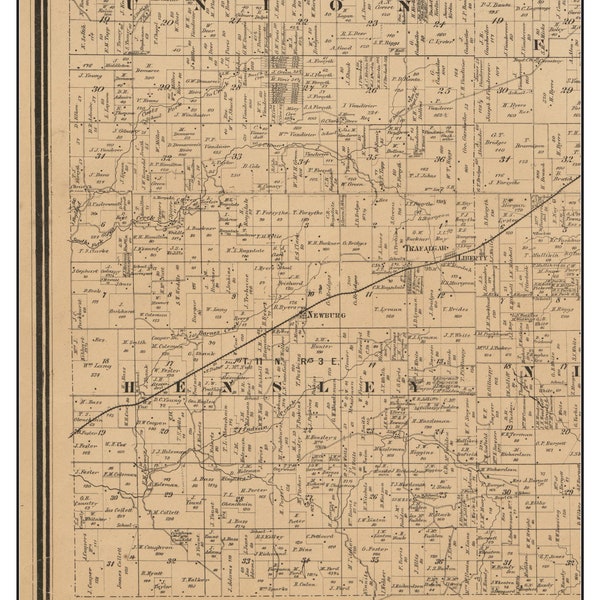 Hensley 1866 Old Town Map with Homeowner Names Indiana  - Newburg - Trafalger - Liberty - Reprint Genealogy Johnson County IN TM