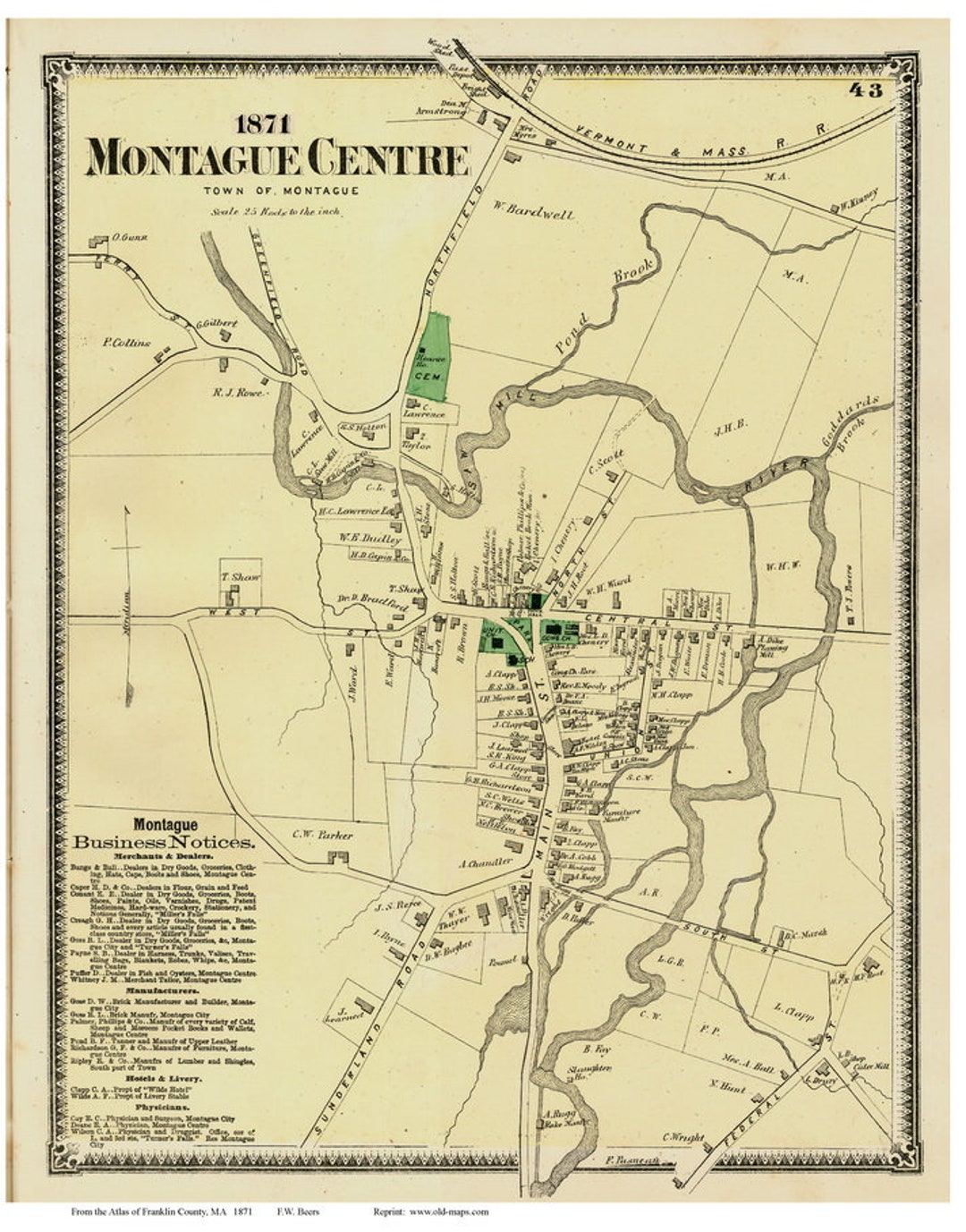 Montague Center 1871 Old Town Map Reprint Centre Franklin County