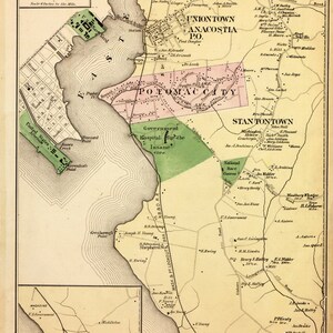 May include: An antique map of the First District of Columbia, showing the area around the Potomac River. The map is hand-drawn and features detailed street names and landmarks, including the Government Hospital for the Insane, Union Town Anacostia P.O., and Stanton Town.