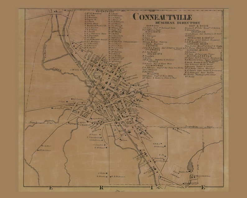 Crawford County PA TM Reprint Genealogy Spring Conneautville 1865 Old Town Map with Homeowner Names Pennsylvania