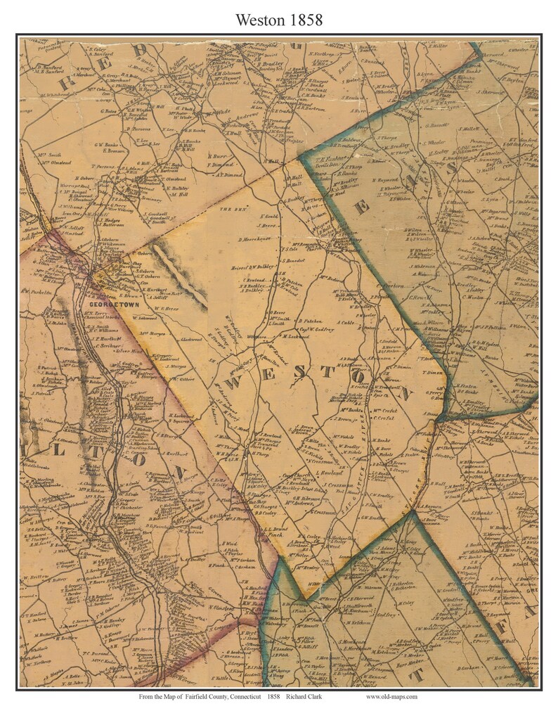 Weston Connecticut 1858 Old Town Map With Homeowner Names Etsy