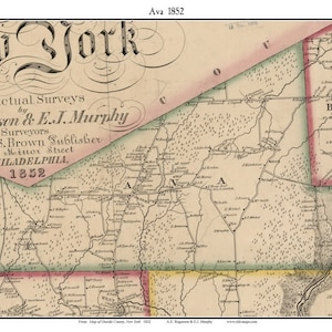 May include: An antique map of Ava, New York, from 1852. The map is printed in black and white with hand-drawn details. The map shows the town of Ava, New York, and surrounding areas. The map is titled "Ava 1852" and includes the text "from actual Surveys by Rogerson & E.J. Murphy Surveyors Newell S. Brown Sublisher N.15 Minor Street PHILADELPHIA. 1852".