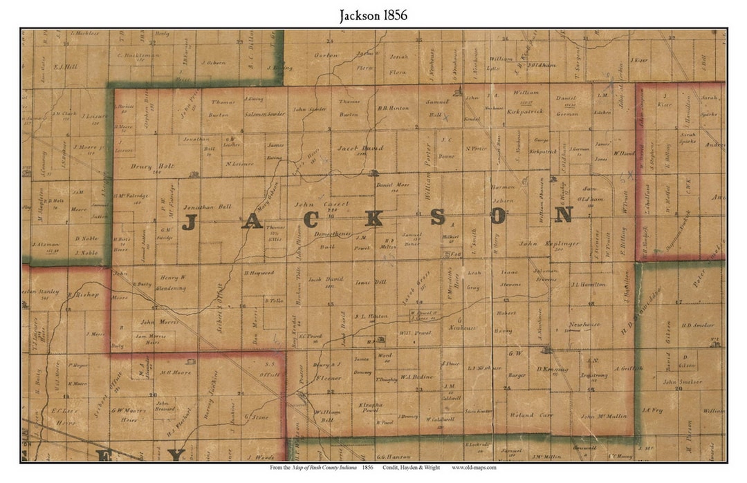 Jackson 1856 Old Town Map With Homeowner Names Indiana Reprint Genealogy Rush County IN TM Etsy