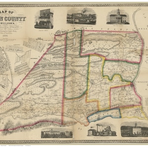 Union County  Pennsylvania ca. 1856a  -  Wall Map with Homeowner Names -  Reprint