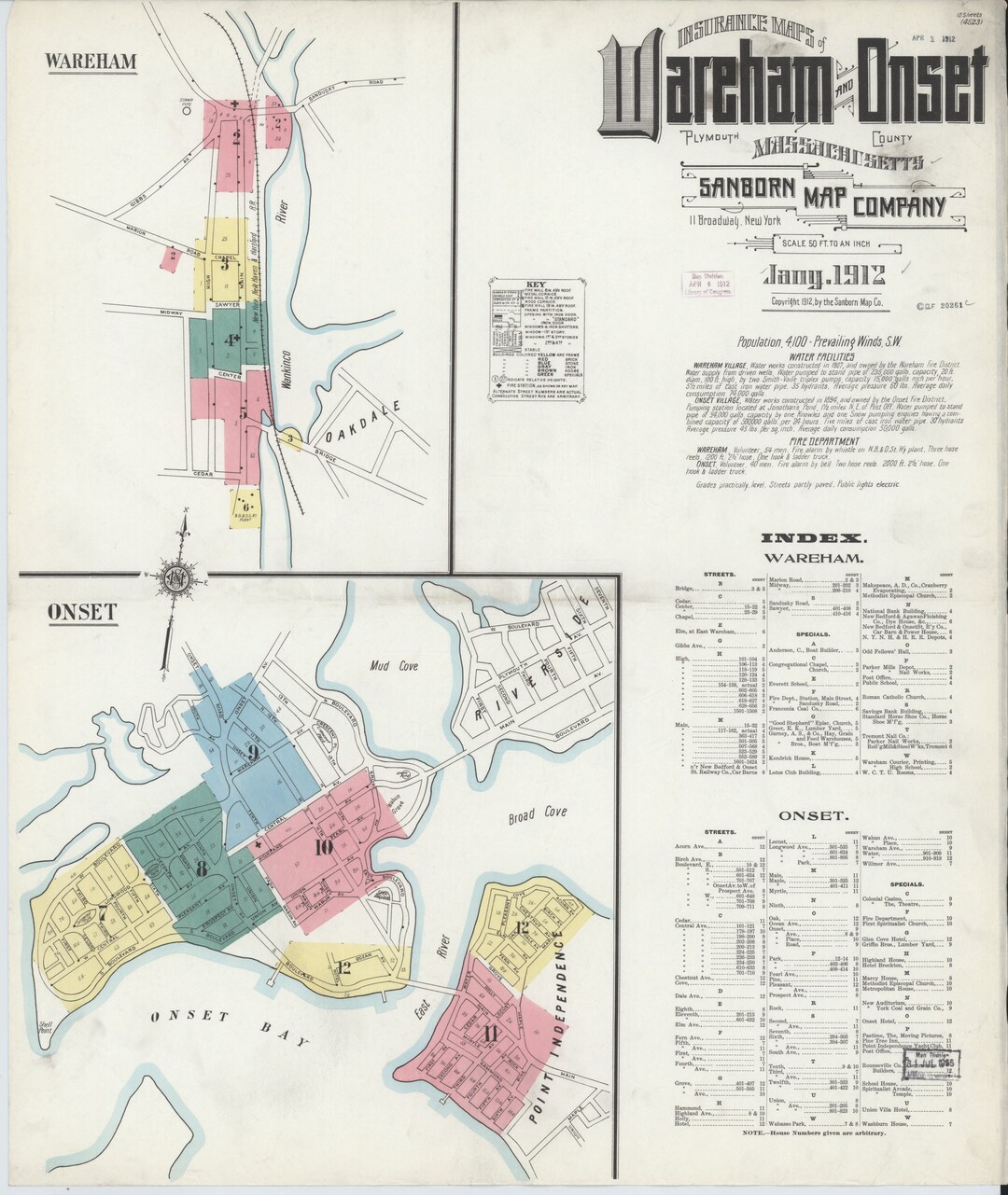 Wareham & Onset 1912 Old Map Fire Insurance MA Massachusetts - Reprint ...