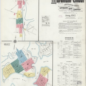 May include: A vintage insurance map of Wareham and Onset, Massachusetts, from January 1912. The map is divided into sections, with each section representing a different part of the town. The map is printed in black and white, with some areas highlighted in red, yellow, and green. The map includes a key, an index, and a scale.
