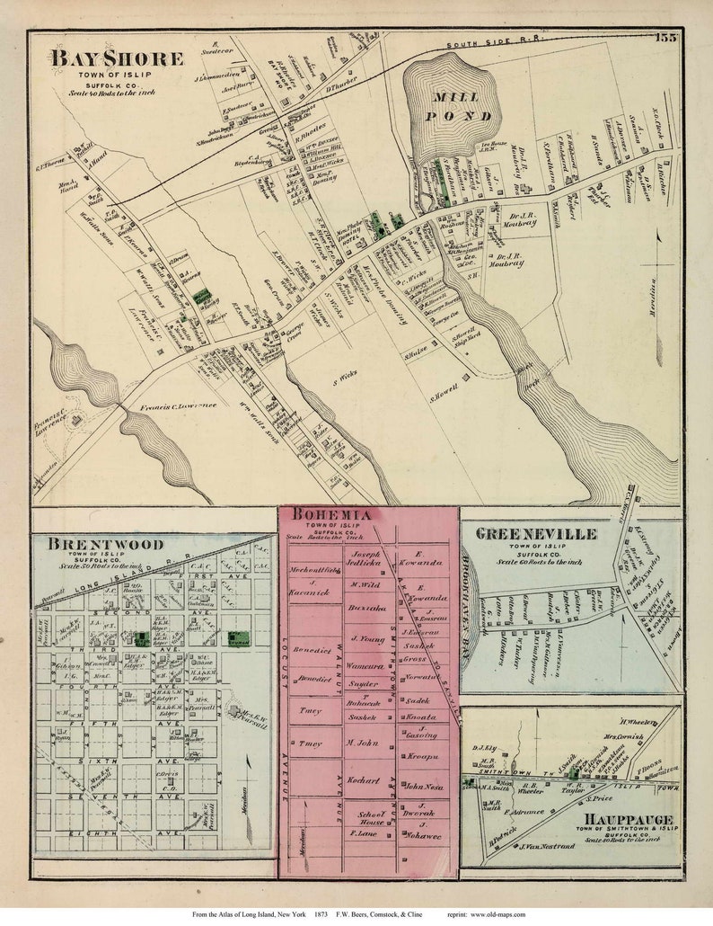 Islip Bayshore 1873 Old Map Long Island New York With Homeowner Names Reprint Suffolk Co Atlas