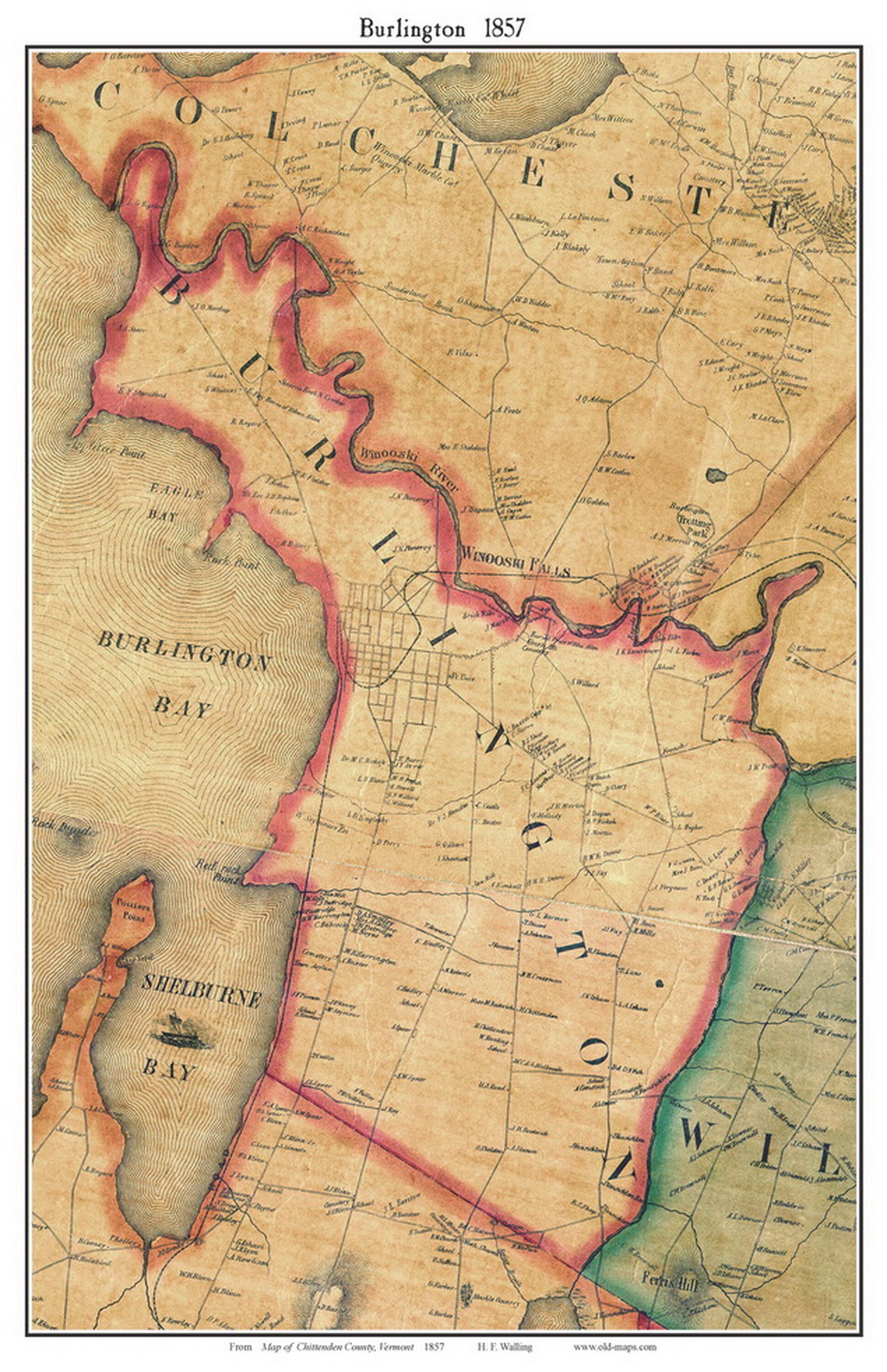 Burlington 1857 Old Town Map With Homeowner Names Vermont - Reprint ...