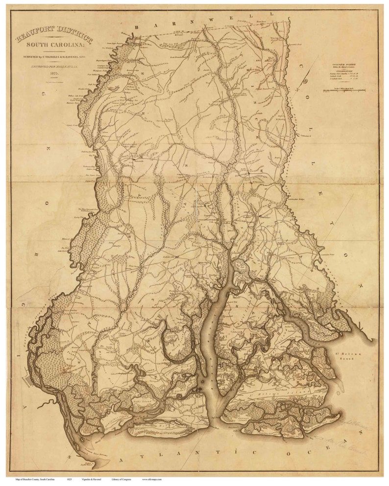 Beaufort District South Carolina 1825 County Wall Map Homeowner names Mills Atlas Reprint LC image 1