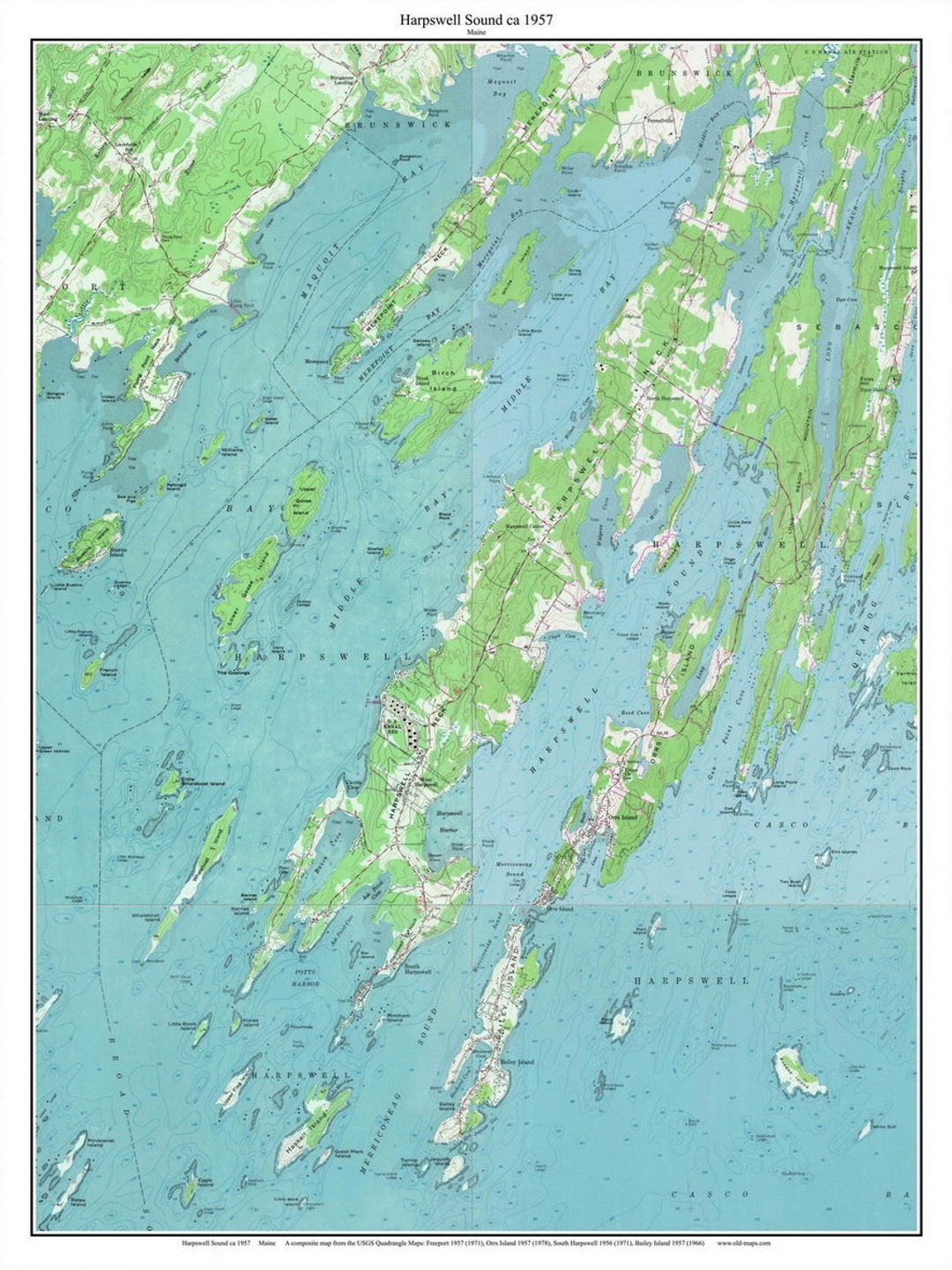 Harpswell Sound 1957 Old Topographic Map USGS Custom Composite Reprint