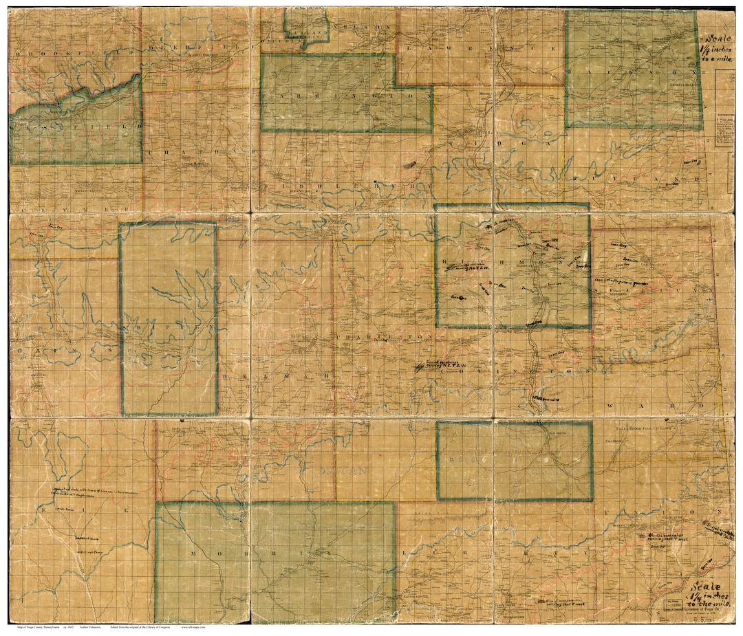 Tioga County Pennsylvania Ca. 1862 Wall Map With Homeowner Names