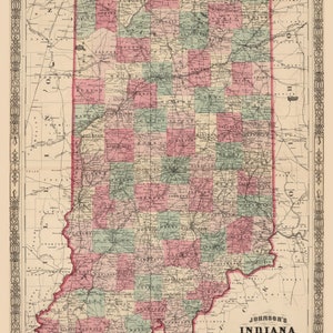 Indiana 1864 Old State Map Johnson&#39;s Reprint