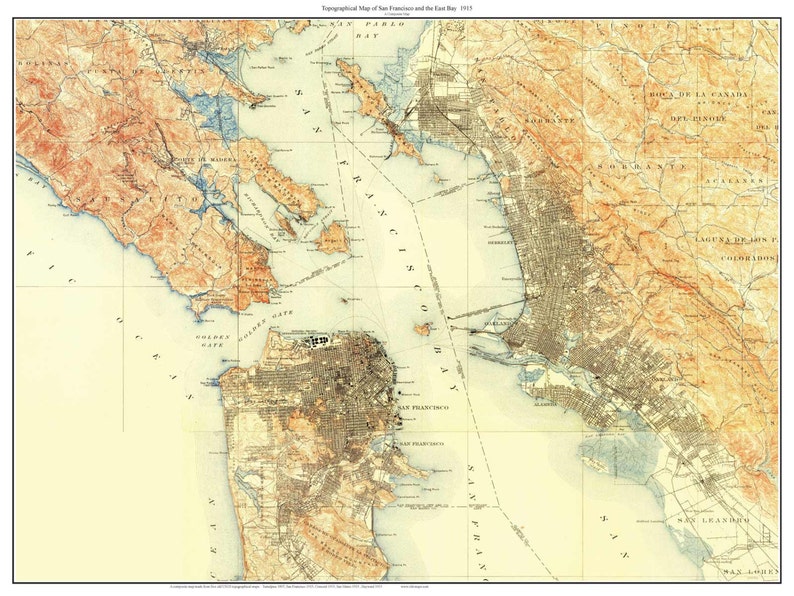 San Francisco 1915 Custom Old Topo Map USGS The City Marin County East Bay Daly City Composite Reprint California image 1