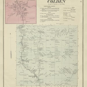 May include: A vintage map of the town of Colden, New York, with a scale of 1 inch to the mile. The map shows the location of roads, houses, and businesses. The map is printed in black and white on a light blue background. The map is titled "Colden" and is dated 1866.