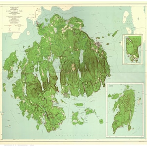 May include: A vintage map of Acadia National Park in Maine, USA. The map shows the park's boundaries, trails, and other features. The map is printed on a light blue background with green and brown lines and text.