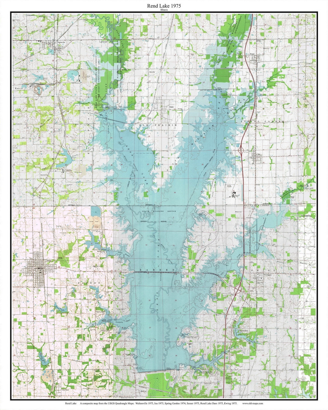 Rend Lake 1975 USGS Old Topographic Map Custom Composite Illinois Lake