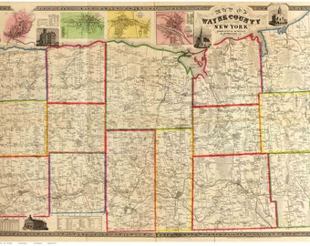 Wayne County  New York 1853  - Old Wall Map Reprint with Homeowner Names - Genealogy